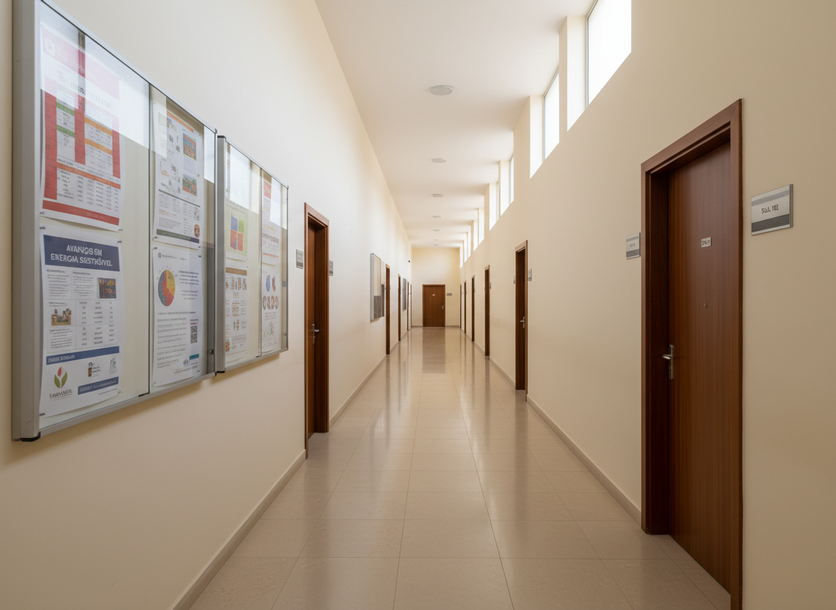 A bright academic hallway inside UniPiaget-GB, with smooth cream-colored walls, polished beige tile floors, and sturdy dark-wood doors marked with simple metallic room numbers. Along one side, a sequence of glass-panel notice boards displays neatly arranged course schedules, research posters, and university announcements in Portuguese. Daylight filters in from high rectangular windows, creating soft, diffused illumination that reflects gently off the floor and highlights the clean lines of the corridor. Photographic realism at a slightly elevated angle shows a long, receding perspective, enhancing depth and structure. The atmosphere is calm, orderly, and professional, suggesting focused study and organization, with no human figures in the scene and the space perfectly tidy and ready for academic activity.
