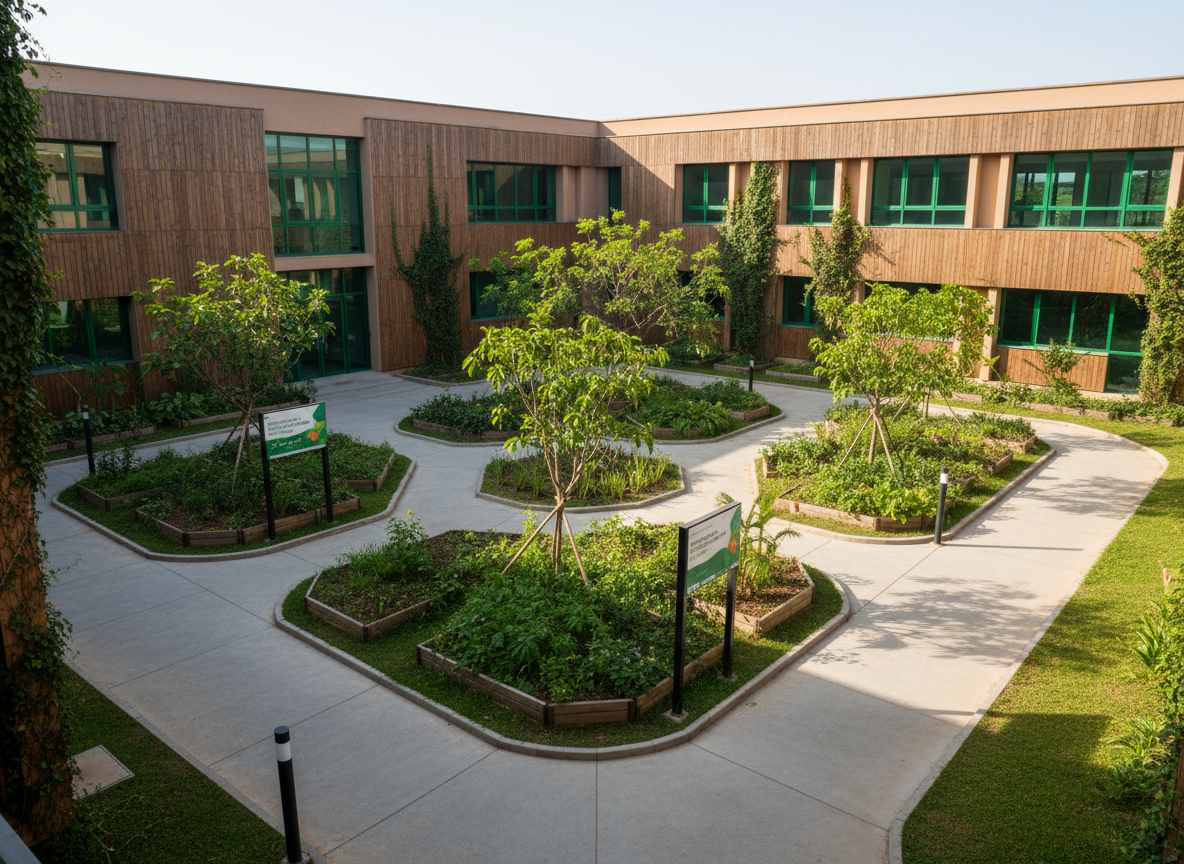 An outdoor view of the UniPiaget-GB campus in Antula showcasing its commitment to sustainable development: a compact, well-maintained green courtyard with native plants, small shade trees, and raised garden beds surrounded by simple concrete walkways. Discreet educational signage explains sustainable agriculture and environmental practices, mounted on slim metal stands. Late-morning sunlight creates bright, natural illumination with soft, defined shadows from foliage onto the walkways. The camera captures the scene from a slightly elevated corner perspective in photographic realism, including part of an adjacent academic building with earth-toned walls and green accents, tying nature and architecture together. The mood is hopeful and responsible, suggesting an environmentally conscious institution, with the courtyard appearing serene and undisturbed, no people or movement visible anywhere.