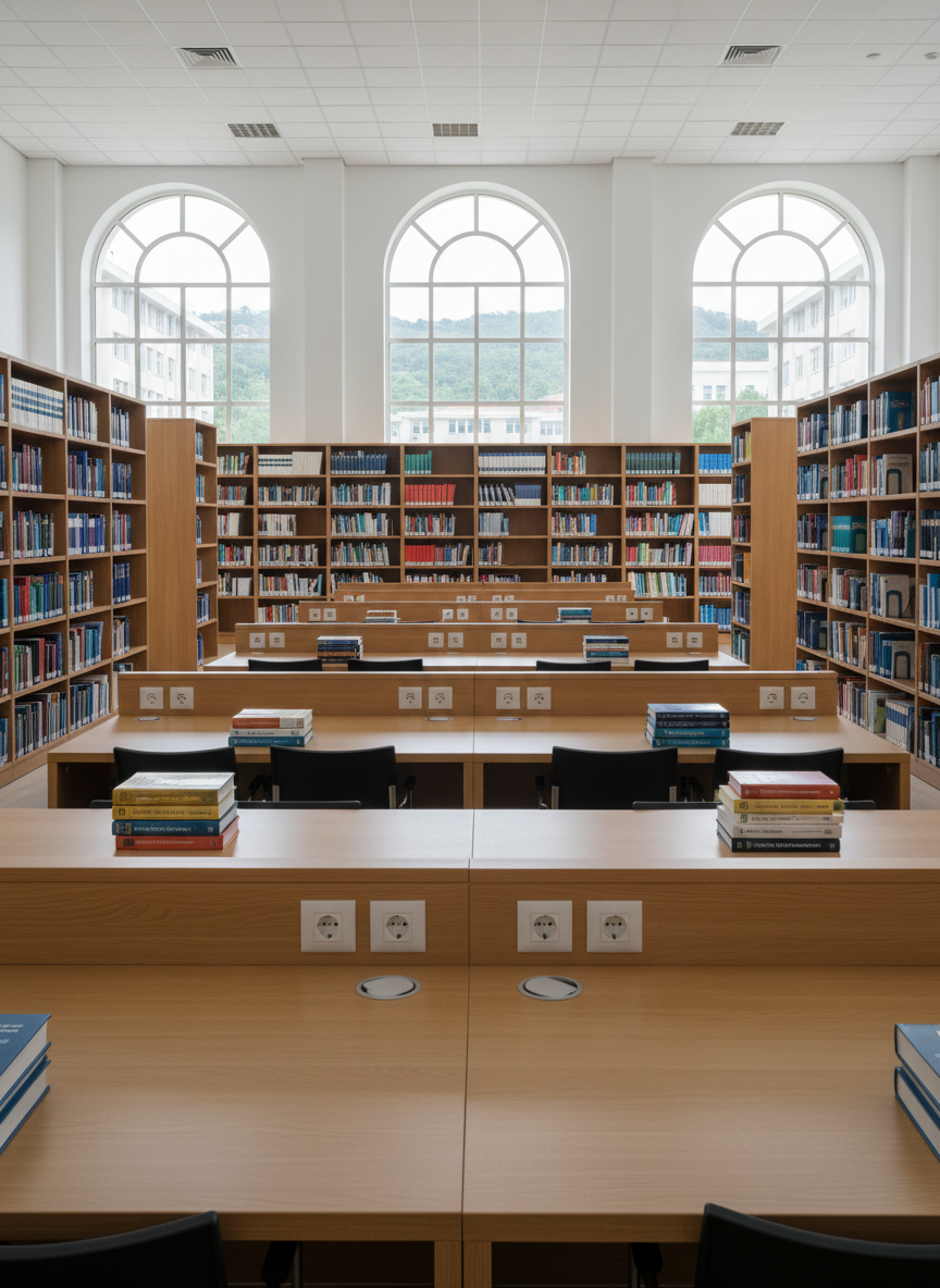 A meticulously organized university library reading room, tailored to UniPiaget-GB, featuring long light-wood study tables with embedded power outlets and neatly stacked reference books about sustainable development, health sciences, and engineering. Tall bookshelves in warm honey-toned wood line the walls, filled with labeled volumes and journals. Large windows overlook a glimpse of the Antula surroundings, allowing gentle, even daylight to bathe the room in soft illumination, with minimal shadows. The photographic image is captured at eye level with a wide-angle lens, showing both foreground tables and shelves receding into the background, creating a sense of depth and academic immersion. The mood is quiet, studious, and highly professional, emphasizing intellectual rigor and access to knowledge, without any people present anywhere in the frame.
