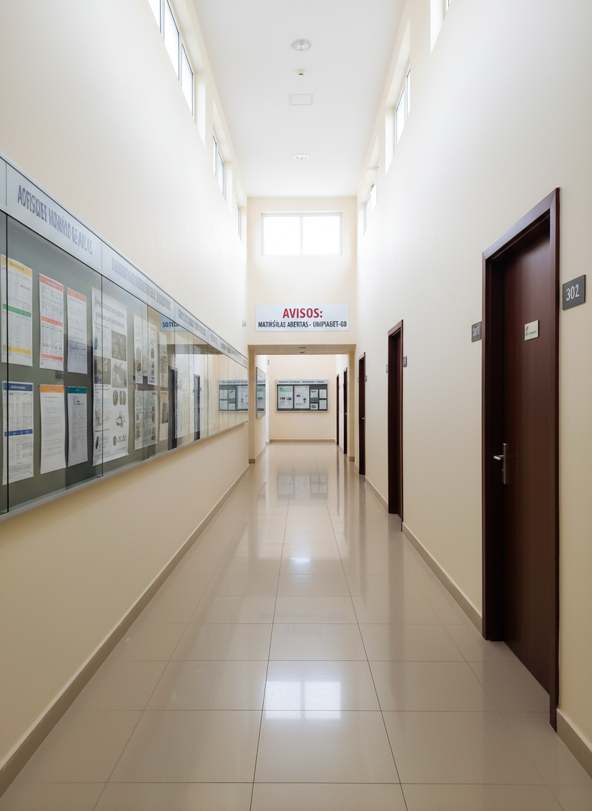 A bright academic hallway inside UniPiaget-GB, with smooth cream-colored walls, polished beige tile floors, and sturdy dark-wood doors marked with simple metallic room numbers. Along one side, a sequence of glass-panel notice boards displays neatly arranged course schedules, research posters, and university announcements in Portuguese. Daylight filters in from high rectangular windows, creating soft, diffused illumination that reflects gently off the floor and highlights the clean lines of the corridor. Photographic realism at a slightly elevated angle shows a long, receding perspective, enhancing depth and structure. The atmosphere is calm, orderly, and professional, suggesting focused study and organization, with no human figures in the scene and the space perfectly tidy and ready for academic activity.