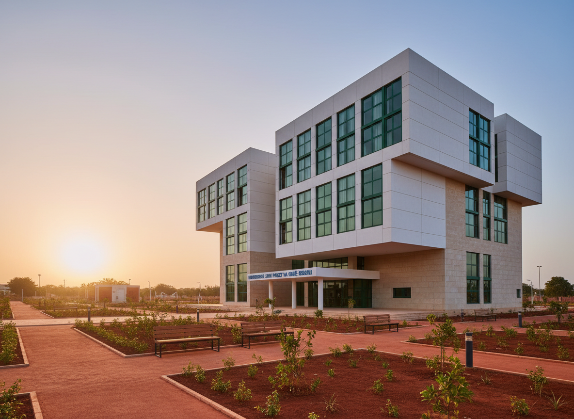 A modern university main building in Antula, Bissau, constructed with clean white and light sand-colored concrete, accented by deep green metal window frames and subtle blue signage reading “Universidade Jean Piaget da Guiné-Bissau.” The structure stands within a well-kept campus plaza featuring red laterite pathways, small native shrubs, and neatly arranged benches. Late afternoon natural light casts warm, elongated shadows, emphasizing the geometric lines of the architecture. Captured at eye level in photographic realism with sharp focus, the composition uses the rule of thirds: the building façade dominates the frame while open sky and campus grounds create balance. The mood is professional, aspirational, and welcoming, conveying a serious yet accessible academic environment without any people present.