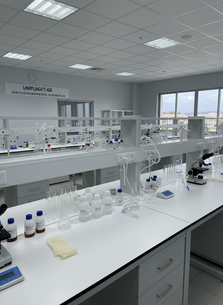 A specialized science laboratory at UniPiaget-GB, designed for health and environmental studies, with pristine white lab benches arranged in parallel rows, each equipped with labeled glassware, microscopes, and neatly coiled tubing. The surfaces are spotless, with carefully arranged reagent bottles, digital scales, and safety equipment such as goggles and gloves laid out in an orderly fashion. Bright, even overhead fluorescent lighting creates a neutral, clinical illumination with crisp shadows beneath equipment, highlighting cleanliness and precision. Shot in photographic realism from a slightly elevated diagonal angle, the composition emphasizes depth along the bench rows and clarity of detail in the foreground instruments. The atmosphere is technical, rigorous, and forward-looking, evoking high academic standards and modern scientific capability, while remaining entirely free of human subjects.