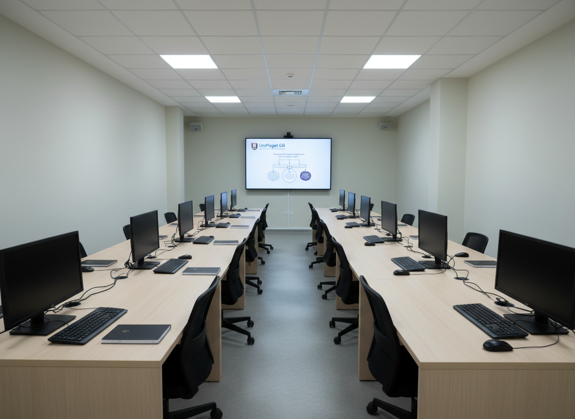 A dedicated computer lab at UniPiaget-GB, featuring two long rows of modern black desktop computers with thin bezels, arranged on smooth light-wood desks with cable management that keeps all wiring discreetly hidden. Each workstation includes a closed notebook, a clean keyboard, and an ergonomic chair pushed neatly under the desk. The room’s walls are painted a soft off-white, and a large wall-mounted screen at the front shows a paused presentation slide with the UniPiaget logo and a diagram related to professional training. Cool, even artificial ceiling lighting creates a balanced, shadow-free environment. Captured in photographic realism from the back of the room looking forward, using a wide-angle lens, the composition conveys order, technological readiness, and a professional, focused atmosphere, with no human presence in the scene.