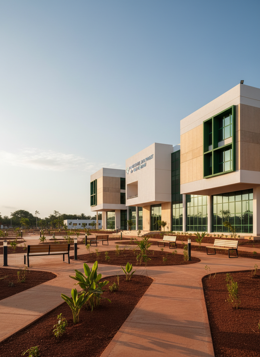 A modern university main building in Antula, Bissau, constructed with clean white and light sand-colored concrete, accented by deep green metal window frames and subtle blue signage reading “Universidade Jean Piaget da Guiné-Bissau.” The structure stands within a well-kept campus plaza featuring red laterite pathways, small native shrubs, and neatly arranged benches. Late afternoon natural light casts warm, elongated shadows, emphasizing the geometric lines of the architecture. Captured at eye level in photographic realism with sharp focus, the composition uses the rule of thirds: the building façade dominates the frame while open sky and campus grounds create balance. The mood is professional, aspirational, and welcoming, conveying a serious yet accessible academic environment without any people present.