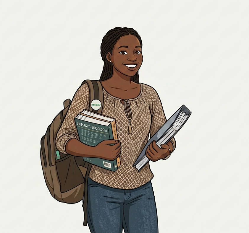 Student holding sociology book and notebooks on university campus